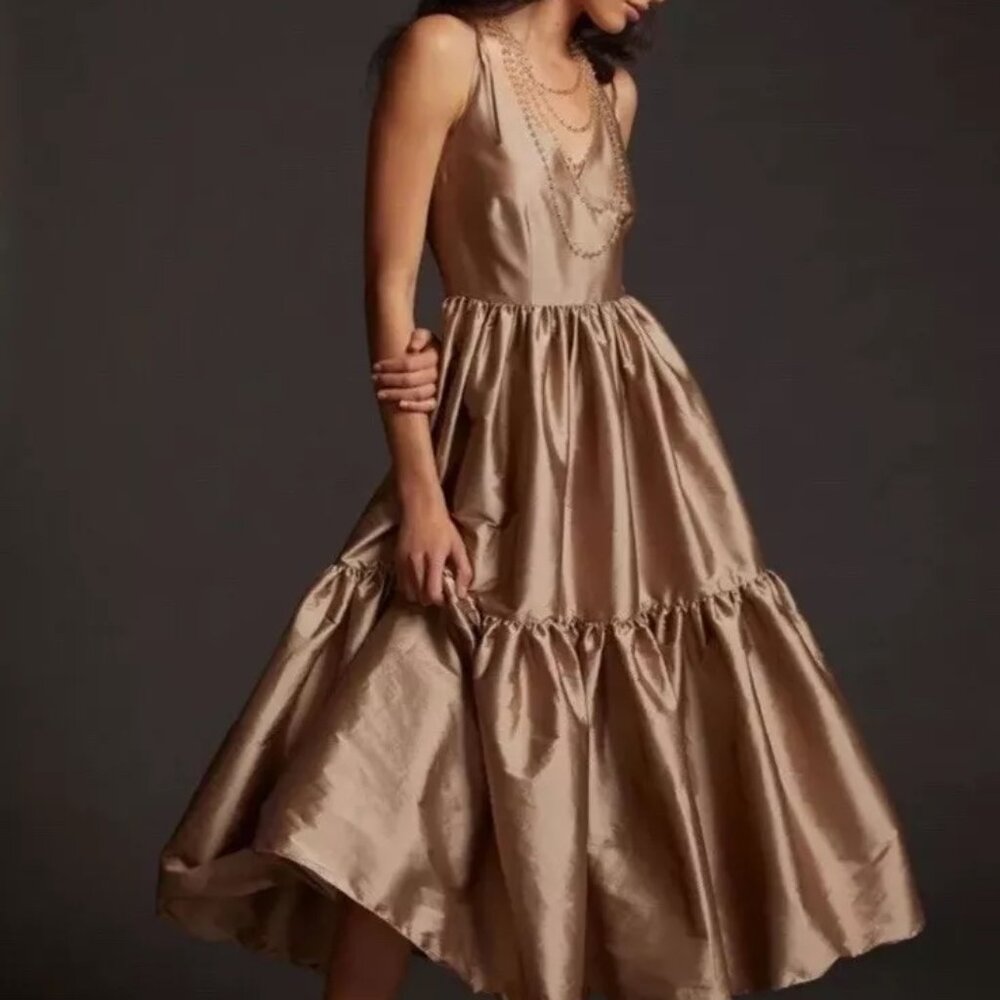 Anthropologie Gold tiered v-neck maxi dress size S Petite